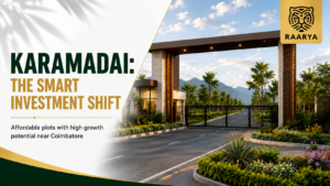 DTCP approved residential plots in Karamadai near Coimbatore with gated community entrance and green surroundings